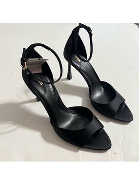 Zara Black Satin Open-Toe Ankle-Strap Heels